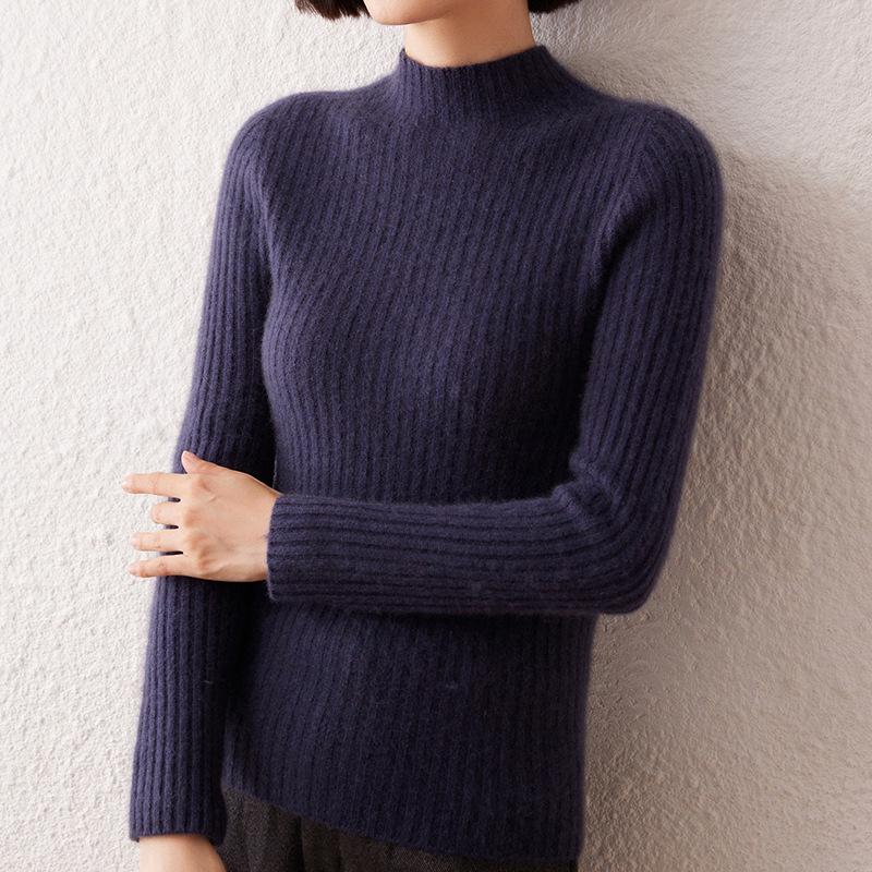 Women's Striped Cashmere Sweater - Autumn/Winter, Half-High Neck, Slim-Fit, Knitted Base Layer