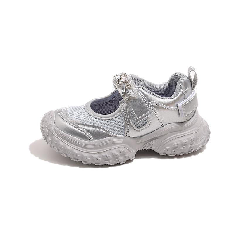 Silberne Prinzessin Schleifenschuhe - Geschlossene Strasskristall-Abendschuhe für Mädchen mit weicher Sohle und hohen Absätzen