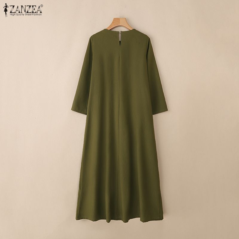 ZANZEA Damen Lässig Rundhals Achtelarm Locker Langes Kleid