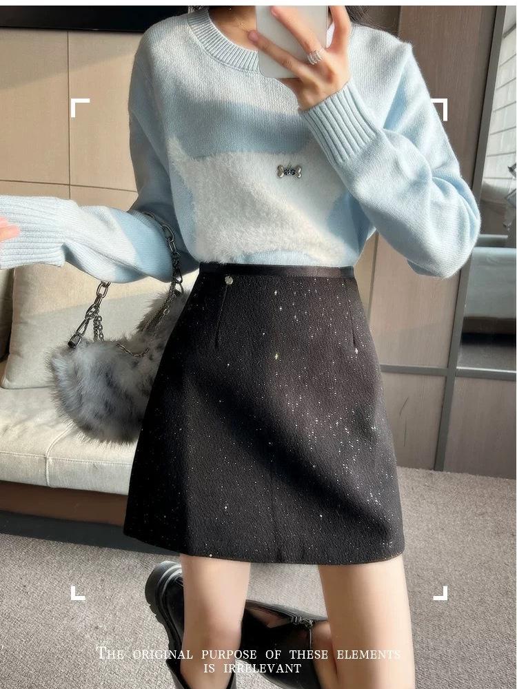 

Korean Style Woolen Sparkling Skirt for Women — Autumn/Winter Petite Short Skirt S (85-100cm) серый