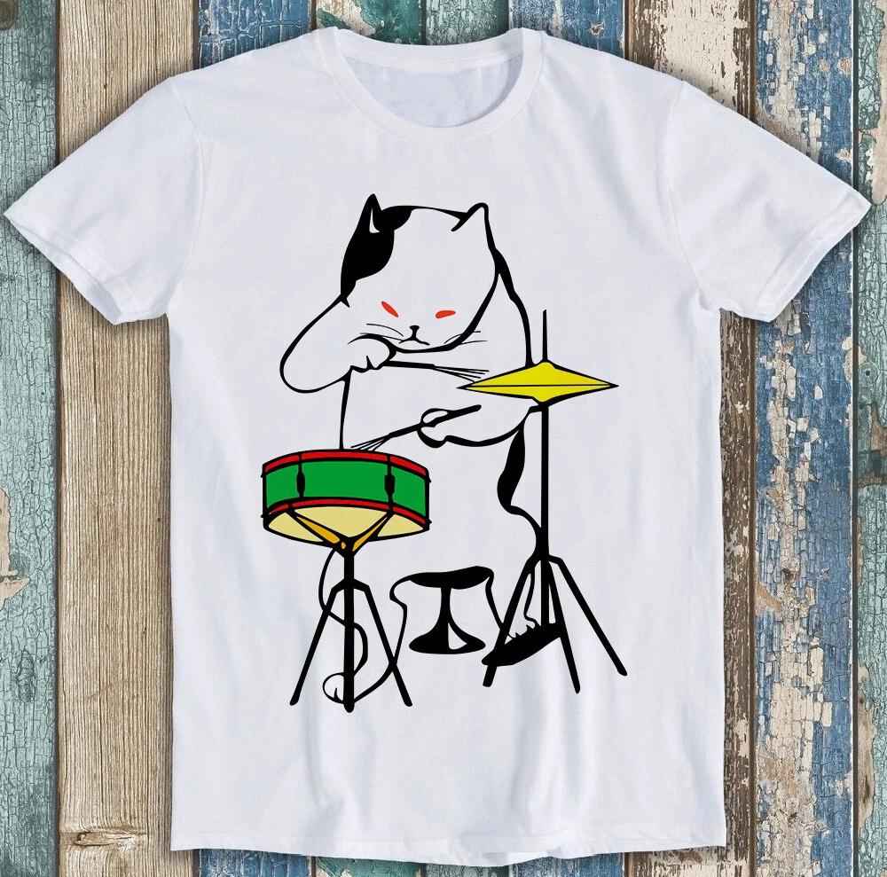 Cat Playing Drums Red Eyes Vicious Kitten Music Funny Gift Tee T Shirt 1856 S