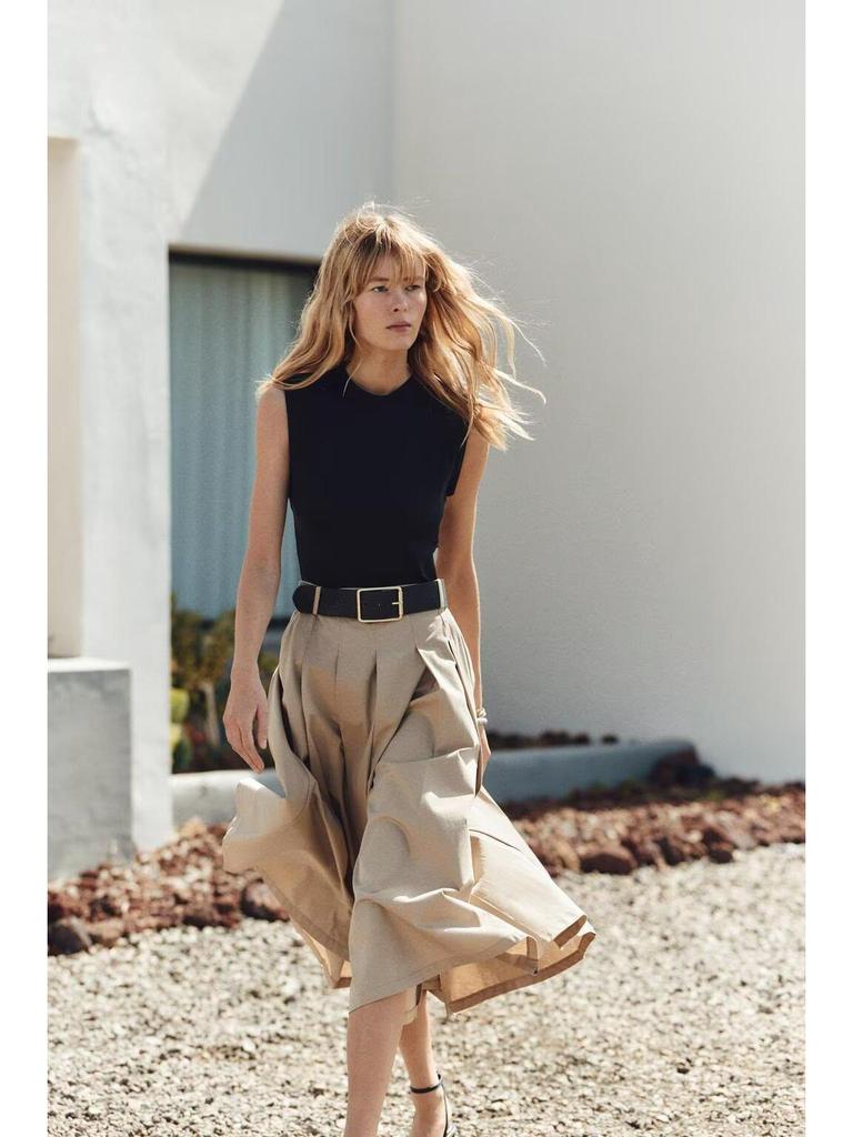 2025 Spring/Summer Padded Shoulder Patchwork Sleeveless Belted Crew Neck Dress