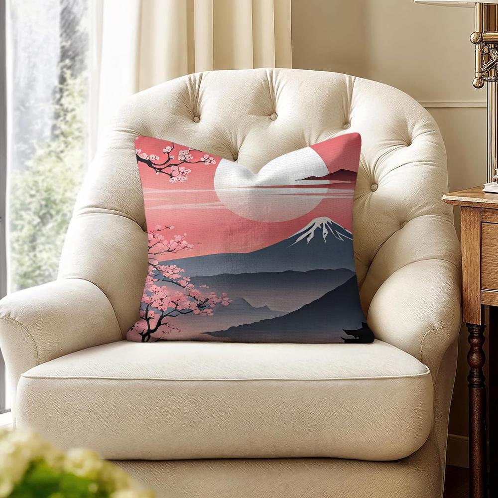 Japenes Mount Fuji Cushion Cover Natural Linen Organic Fabric Double-Sided Printing Sofa Home Decor Gift Pillow Case
