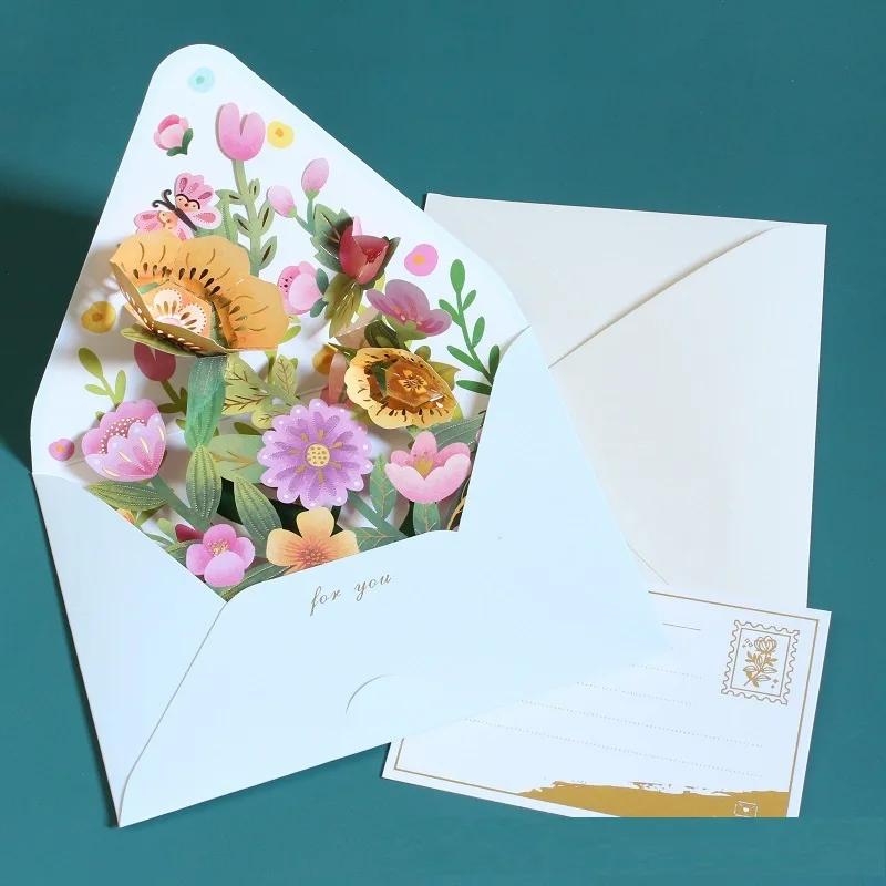 3D Greeting Cards Romantic Flower Pop Up Card with Envelope Creative Laser Cut Post Card for Birthday Party Wedding Decoration