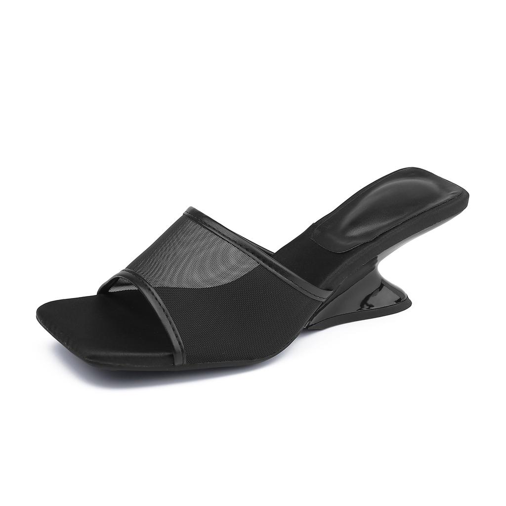 Summer new high-heeled cool slippers girl 2025 wear high-end fairy wind breathable word with mesh sandals woman