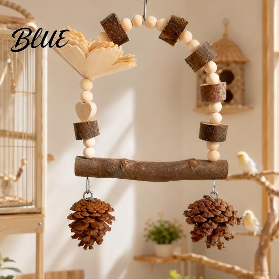 Bird Standing Branch Wooden Parrot Swing Toy Hanging Perch Stand with Pinecone/Bell Cage Natural Wood Toy for Parakeet Cockatiel Finches Conures