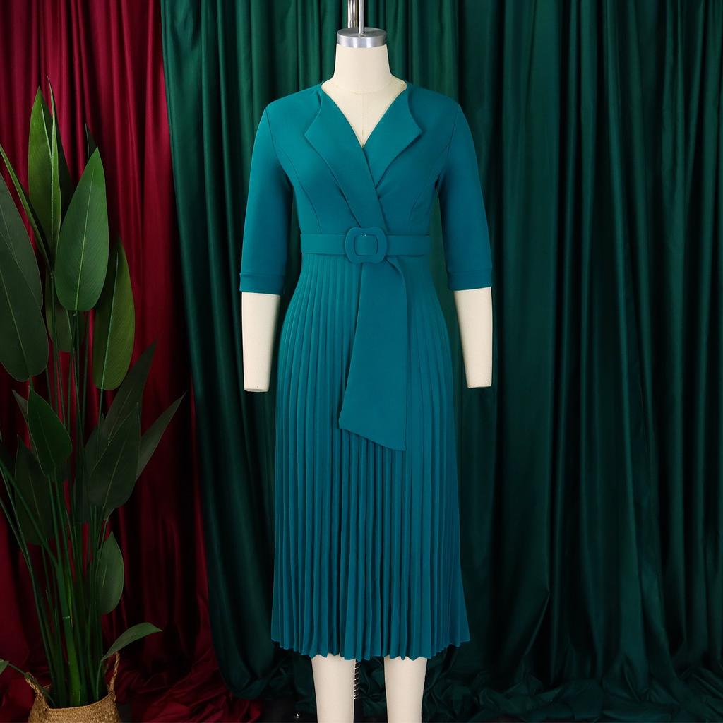 Elegant Office Lady Dresses Spring Autumn Plus Size Half Sleeve Belt Waisted Party Dress Plus Size Casual Dress