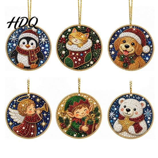 2D Acrylic Santa Ornaments 6 Pcs Christmas Pearl Art Ornaments Flat Holiday Tree Pendant Creative Effect Hanging Decoration for Home Wall