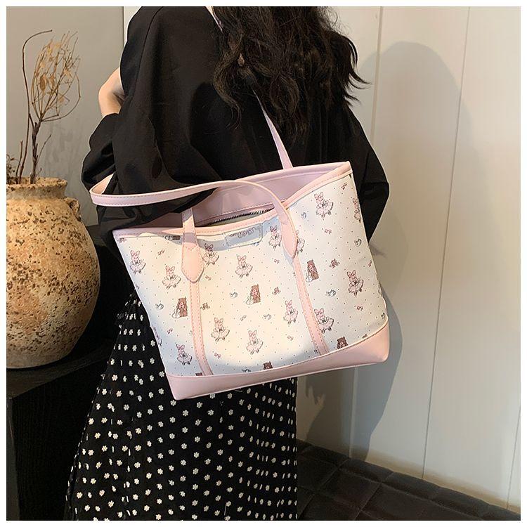 Harajuku Aesthetic Bear Print Pink Handbag Women Versatile Large Capacity Shoulder Bags Wallet Female Retro Casual Tote Bag 2025