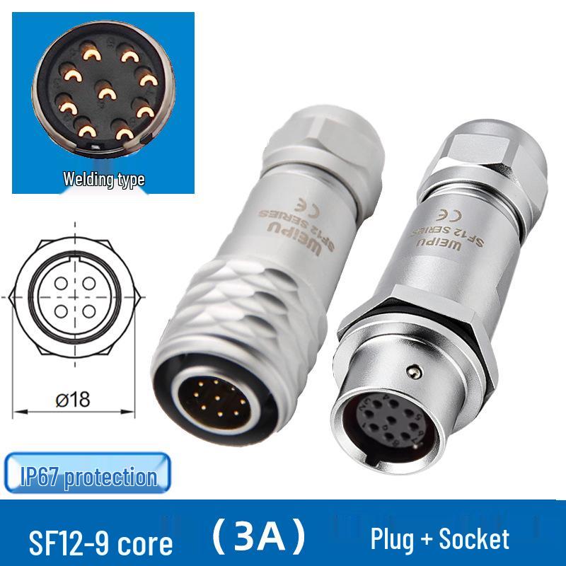 Weipu SF12 Aviation Connector, 2 to 9-Pin Male-Female Straight Pair