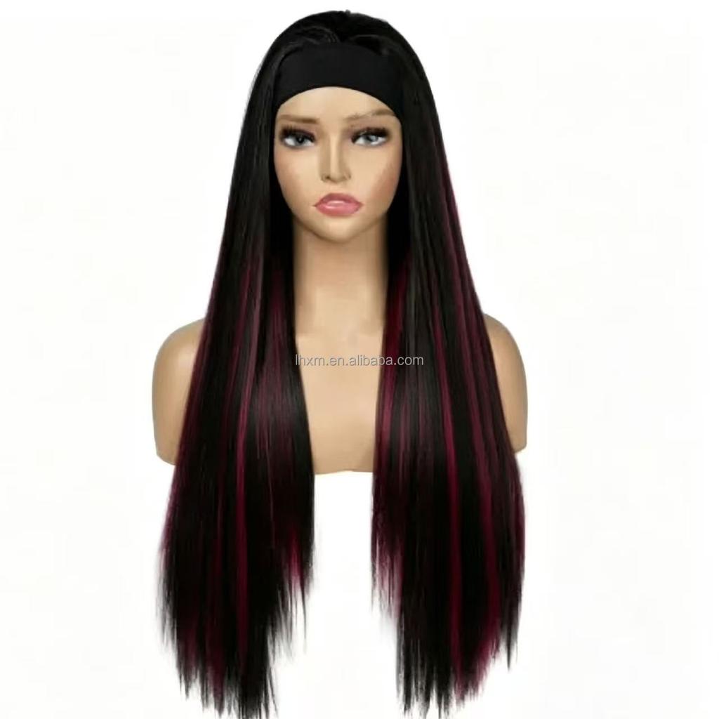 Factory High Temperature Fiber Transparent Synthetic Yaki 26-inch Headband Wigs Straight Black Women's