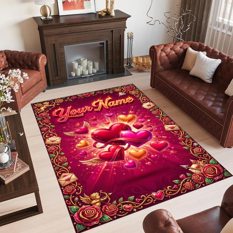 Hearts Theme Crystal Velvet Floor Rug Personalized Custom Name Text Warm Carpet Home Decoration