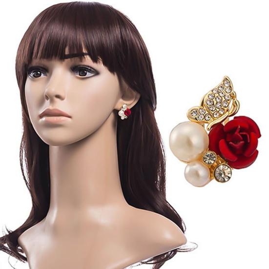 Earrings Red Rose Flower Faux Pearl Decor Exquisite Alloy Ear Studs Jewelry Gift for Party