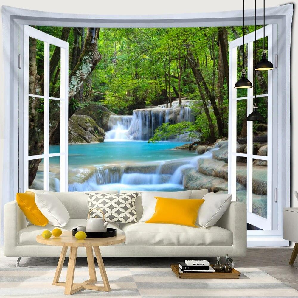 

Голубое небо, прерия, лес, окно, гобелен с принтом, украшение, гобелен с мандалой, украшение для дома, большой хиппи, пейзаж, настенный гобелен 230x180cm