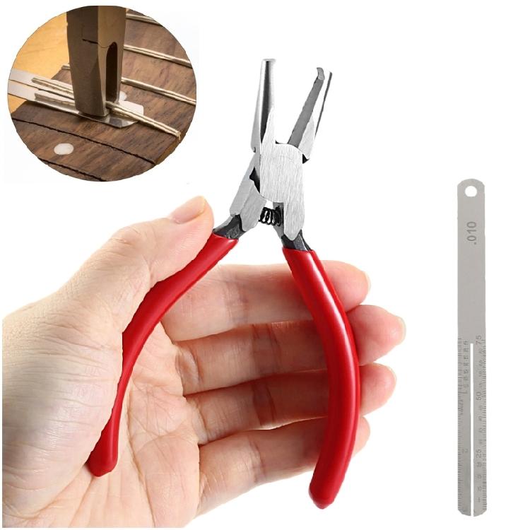 Compact Guitar Fret Removal Tool 4.7 Inch Flat Jaw Metal Pliers with Red Grip Handles for Refret Repair Tasks Use