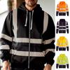 Men Hoodie Coat Reflective Strip Safe Warning Color Matching Drawstring Loose Zipper Closure Long Sleeve Warm Soft Sanitation Overalls Cold-Proof
