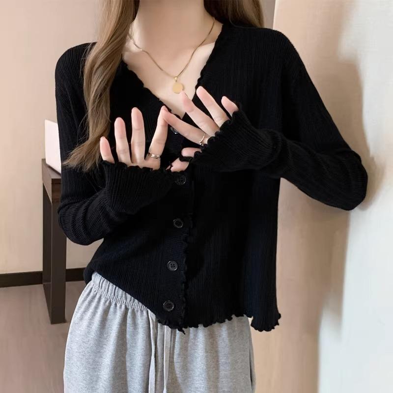 Autumn long-sleeved design sense niche top white fungus edge v-neck knitted cardigan sweater jacket bottoming shirt women