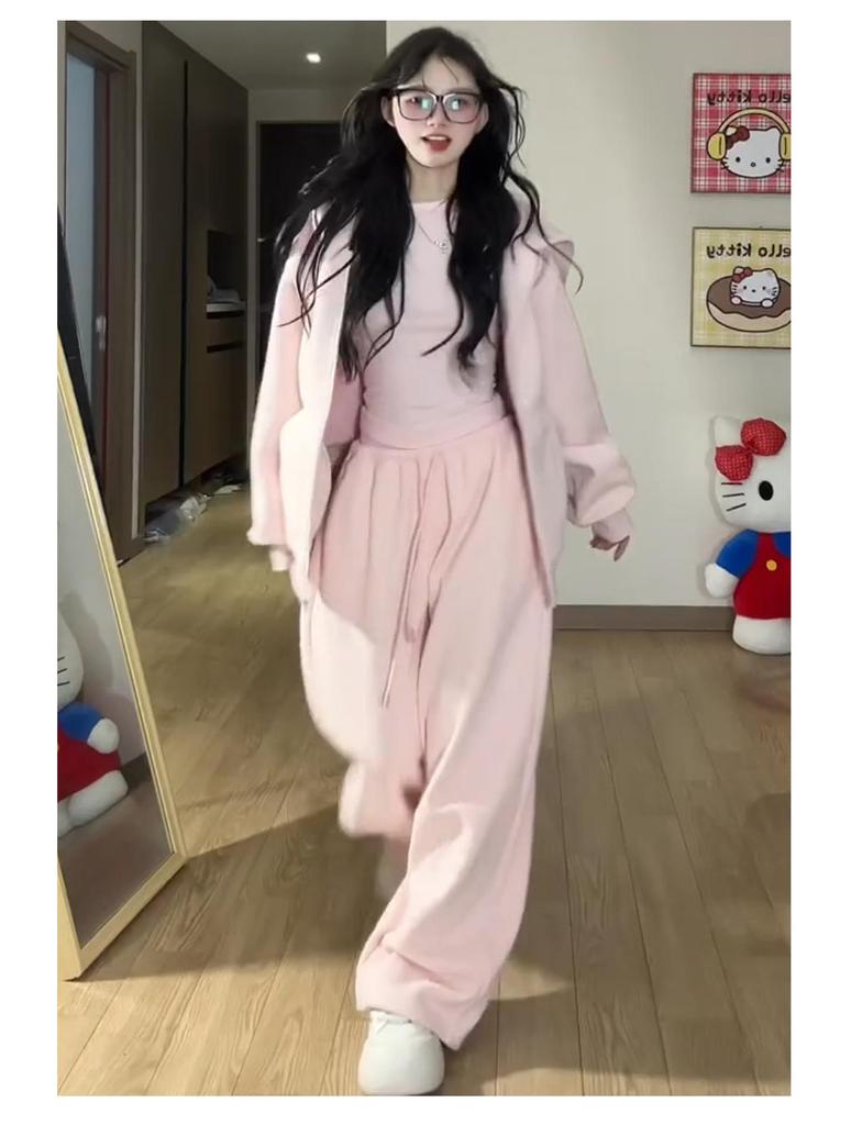 Women's Pink Wide-Leg Knife Pleat Sweatpants - Spring 2026 Korean Style, High Waist, Slimming Petite Fit