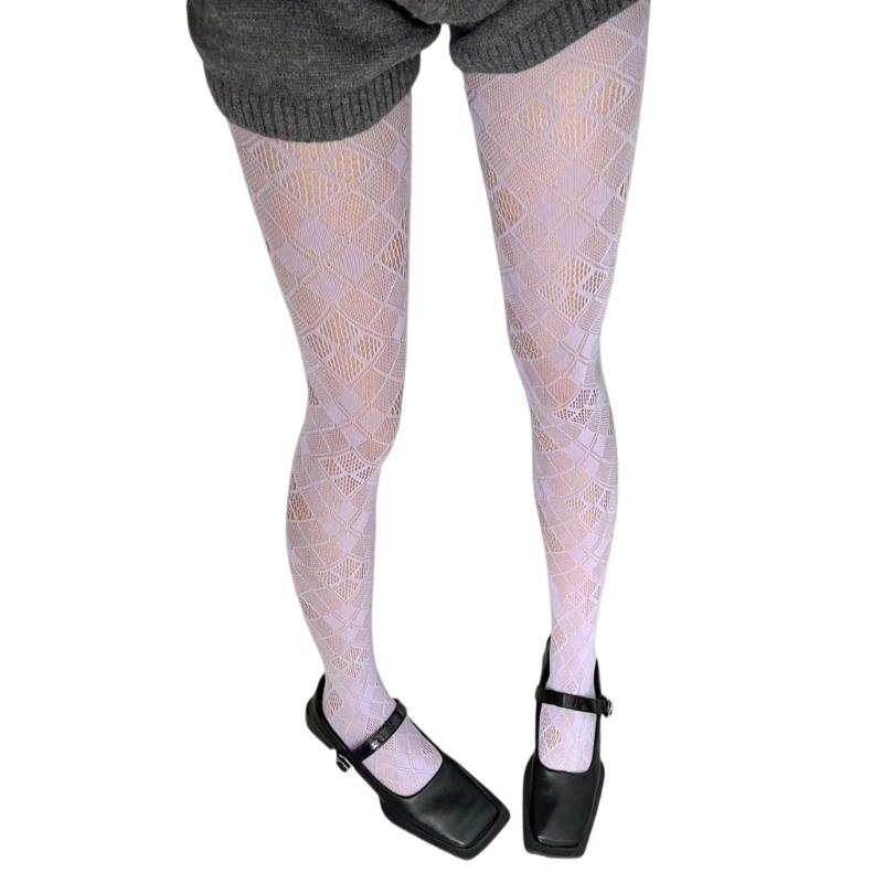 Women Japanese See Through Fishnet Pantyhose Stockings Gothic 90s Checkered Grid Pattern Bottoming Leggings Mesh Tights