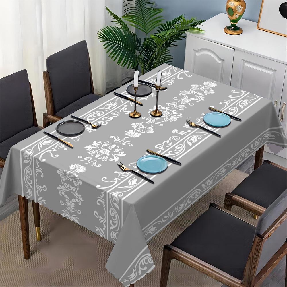 Elegante graue Damast-Blumen-Tischdecke, Weißer verzierter Ranken-Druck, Gezackter Rand, Fleckenabweisend, für Esszimmer & klassisches Zuhause