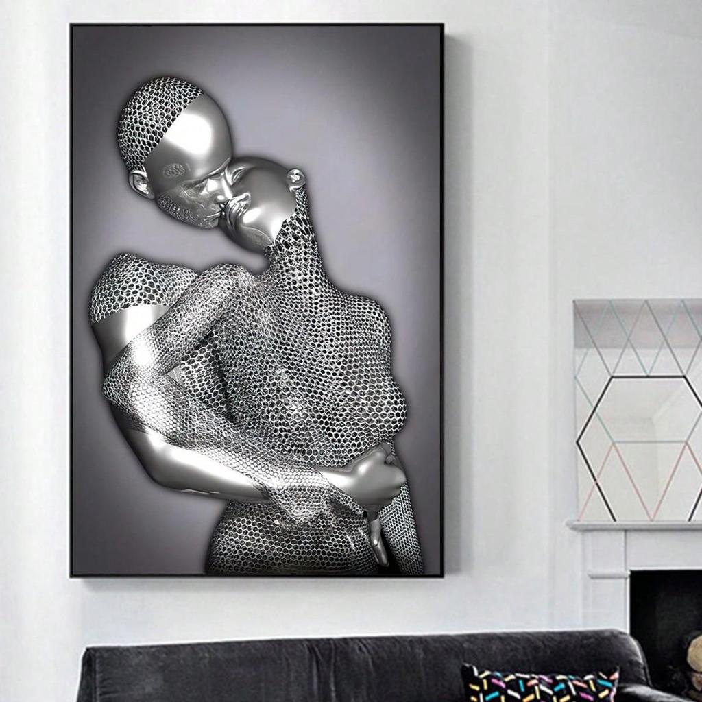 Black Gold Heart Statue Poster: Modern Art Canvas for Living Room Décor