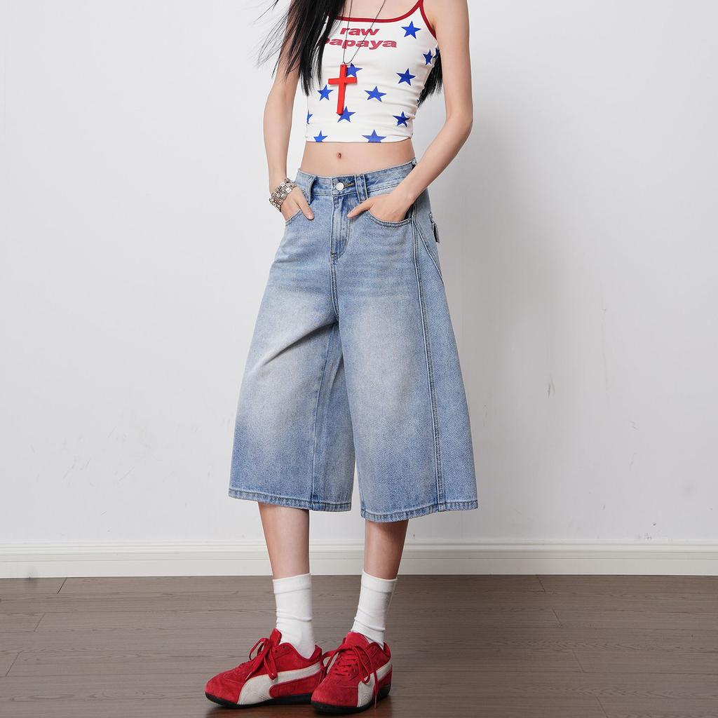 Fashion Bright Red High Waist Straight Wide Leg Cropped Capri Denim Pants For Women Loose Fit Trendy Versatile Slimming FigureFlattering Capri Pants