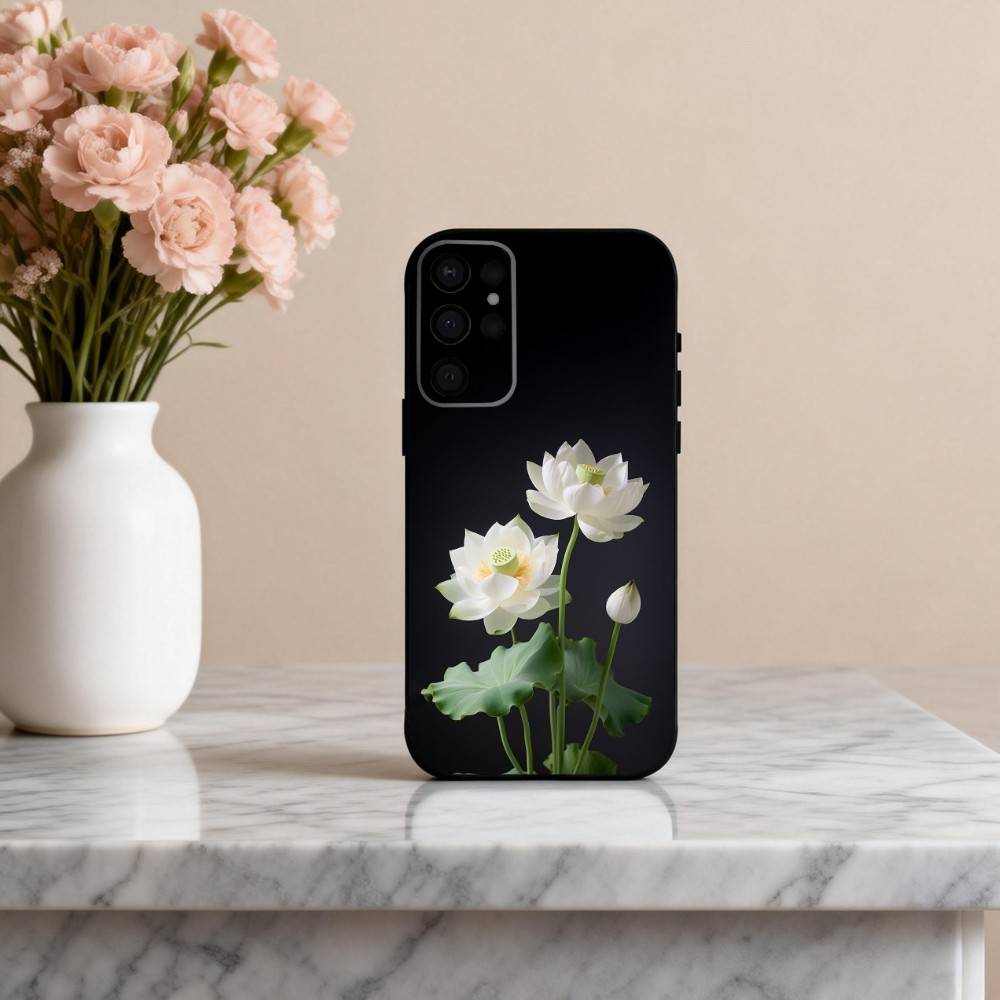 

E-Emerald W-White Lotus Phone Case For Samsung S25,24,23,22,30,21,10,9,Ultra,Plus,Lite,FE,4,5 G Soft Black Case Samsung S24ULTRA