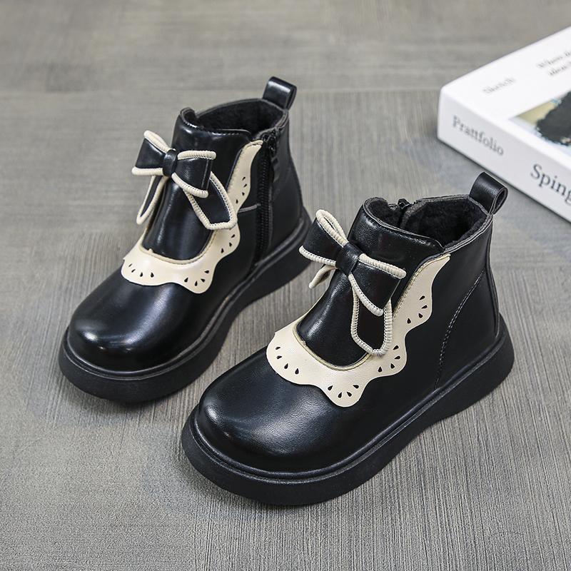 Kids Short Leather Boots Lolita Style Girls Princess Boots Thick Warm Plush Fur Fashion Children Ankle Boots Winter 2024 New