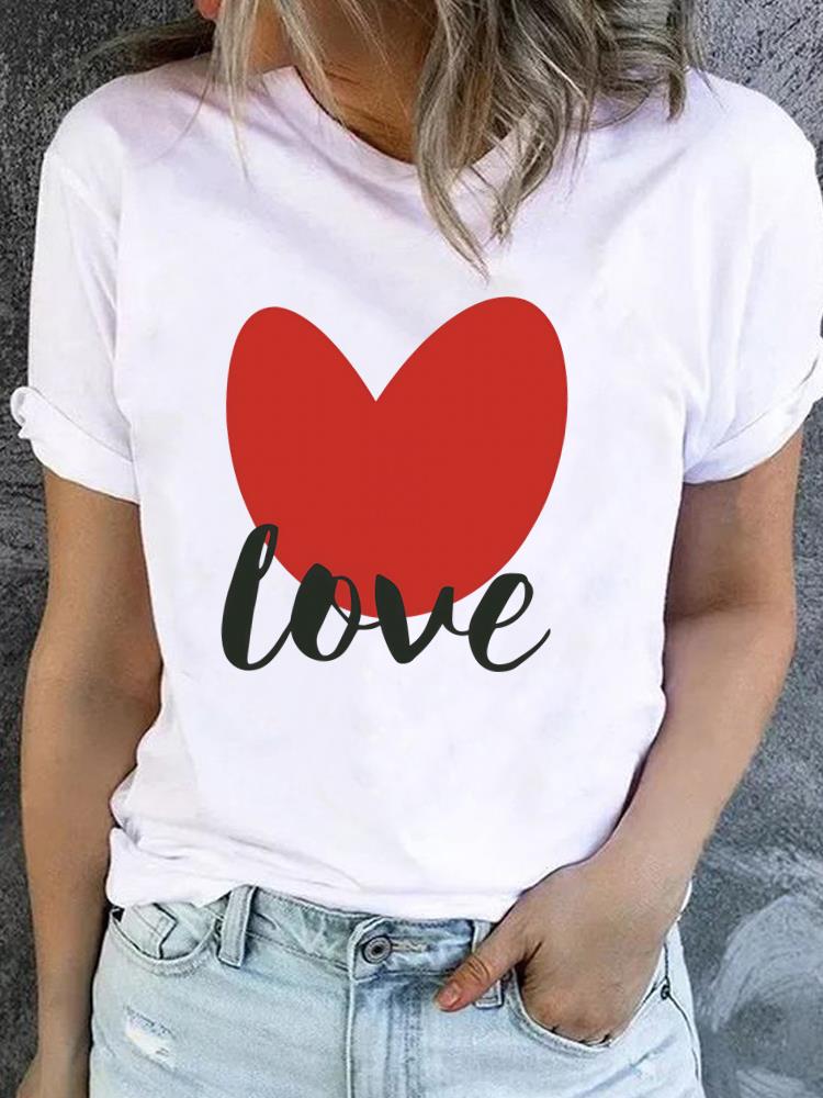 (Asian Size) Clothing Lady o-neck watercolor love style Short Sleeve T-shirts Printed Female Top Casual T Shirt Fashion Women Graphic Tee