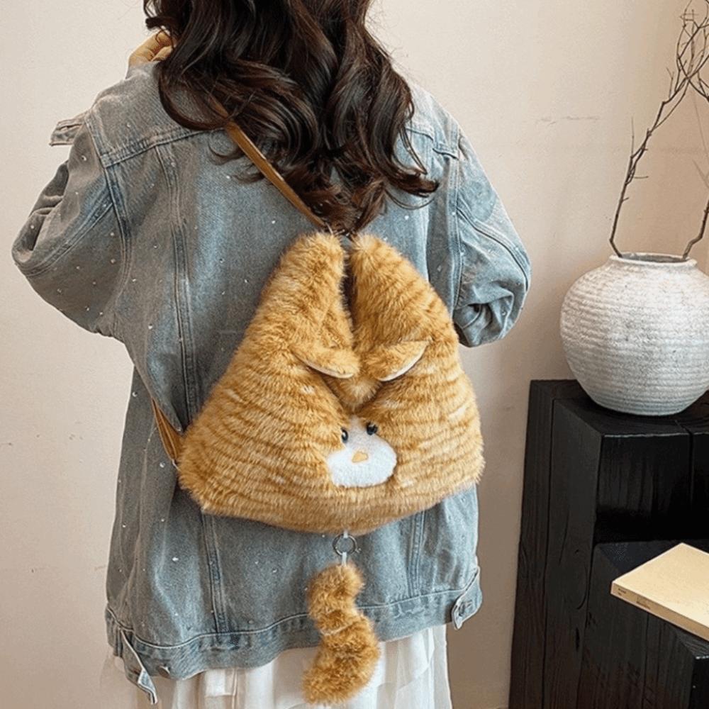 Large Capacity Cat Plush Backpack Animal Cartoon Daypack Casual Furry School Bag  Girls