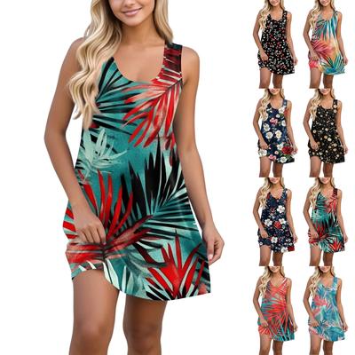 Women's Casual Hawaiian Festival Printed U-neck Vest Sleeveless Beach Dress Dress