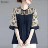 ZANZEA Women Casual Round Neck Print Splice Loose Half Sleeve Blouse