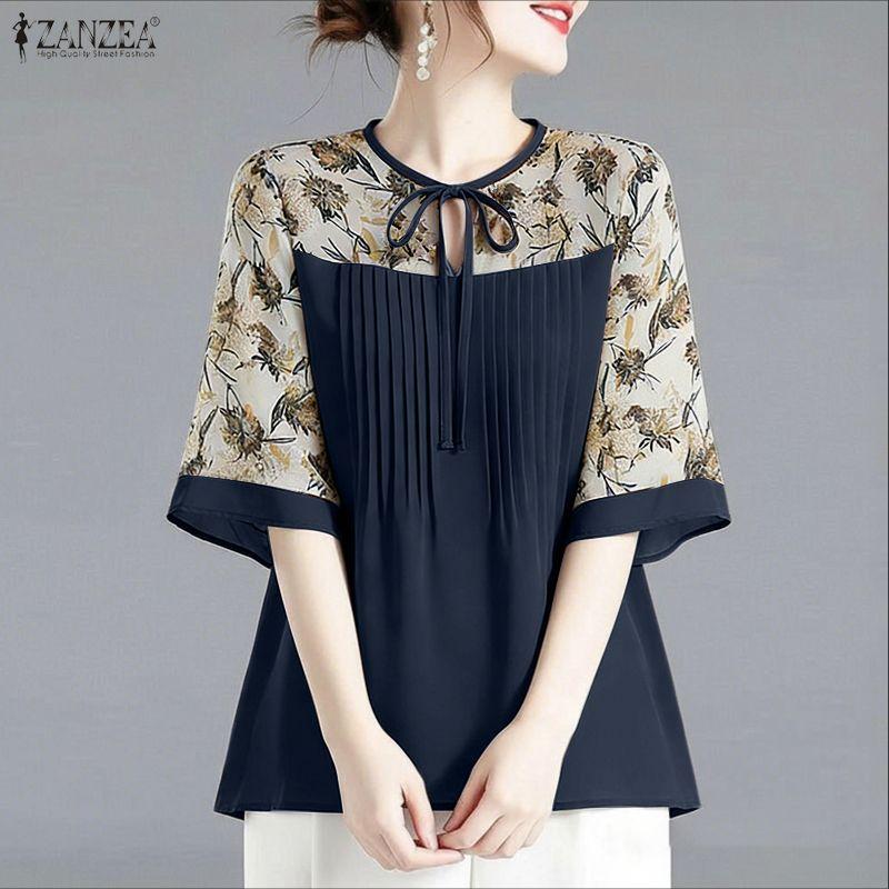 ZANZEA Women Casual Round Neck Print Splice Loose Half Sleeve Blouse