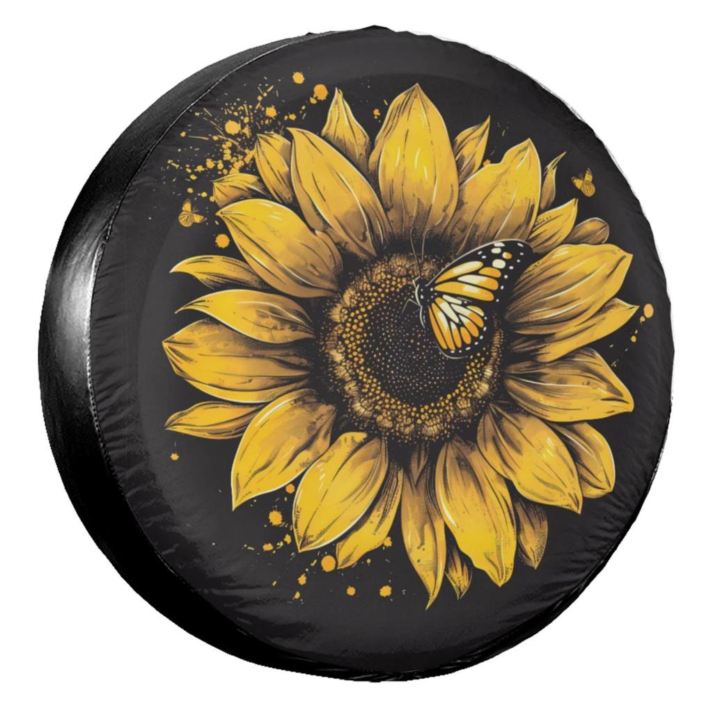 Sunflower Butterfly Tire Cover Polyester Weatherproof Spare Wheel Protector for RV SUV Truck