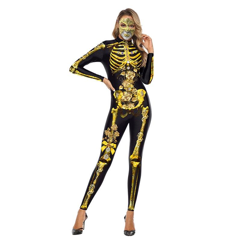 Fashionable Skeleton Jumpsuit For Women With Long Sleeves And Zipper Design
