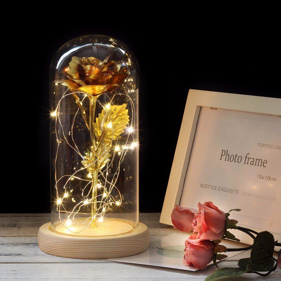 The Gold-plated Red Rose with LED Light In Glass Dome for Wedding Party Mother's Day Gift