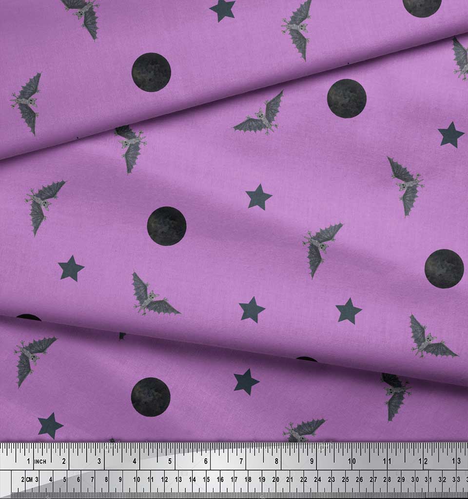 Soimoi Purple Japan Crepe Satin Fabric Moon,Star & Bats Halloween Print Fabric by the Metre 42 Inch