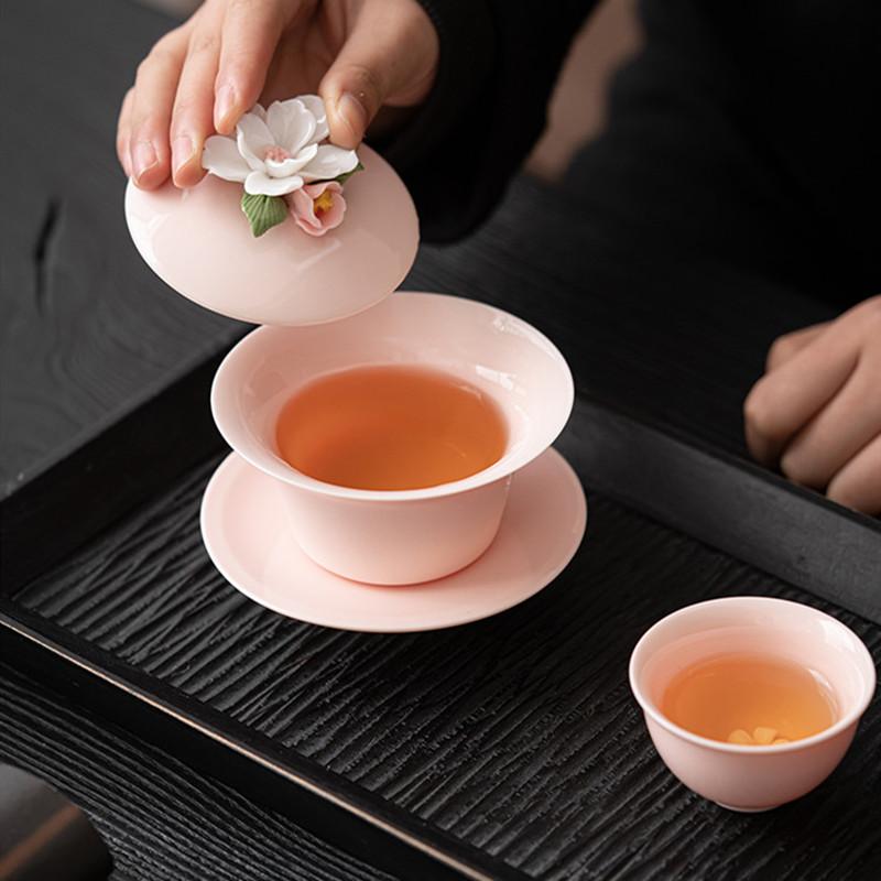 Creative Hand-kneading Flowers Ceramic Gaiwan Handmade Suede Jade Porcelain Tea Tureen Teacup Household Tea Bowl Chinese Teaware