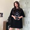 Women's Smiley Face Letter Print Oversized Short Sleeve T-shirt Mid Length Cover Hip Casual Tee