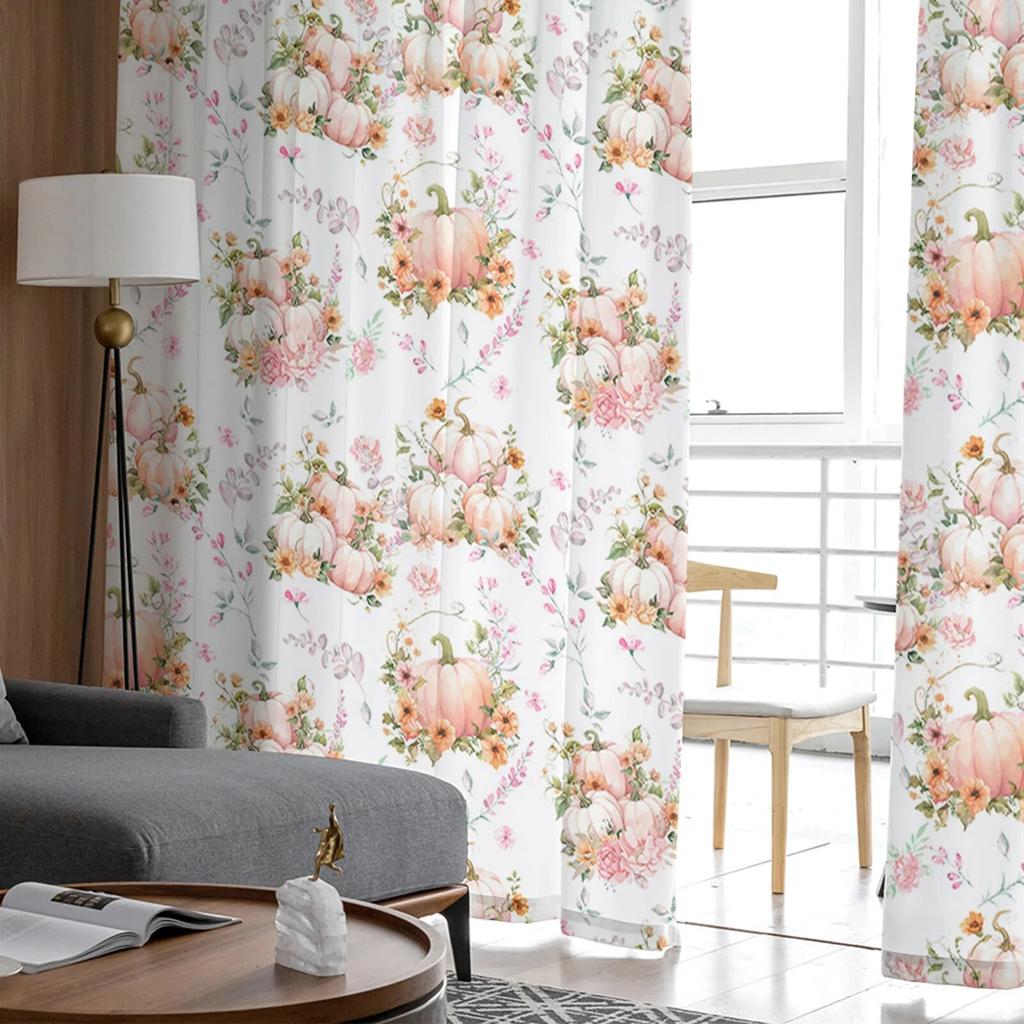 Thanksgiving Pumpkin Flowers Sheer Curtains For Living Room Bedroom Tulle Curtain For Kitchen Voile Curtain Blind Panels