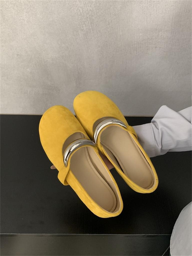 Inner Height Increase Round Head Shallow Mouth Single Shoes Female Retro Fairy Gentle Beanie Shoes Female Soft Sole Yellow Ladyshoes