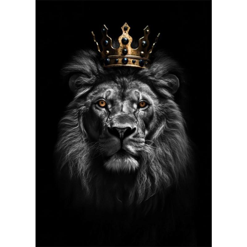 Black White Animal Kingdom Posters Canvas Print Wall Art Painting Wild Lion Tiger Eagle Bear with Gold Crown Mural Home Decor
