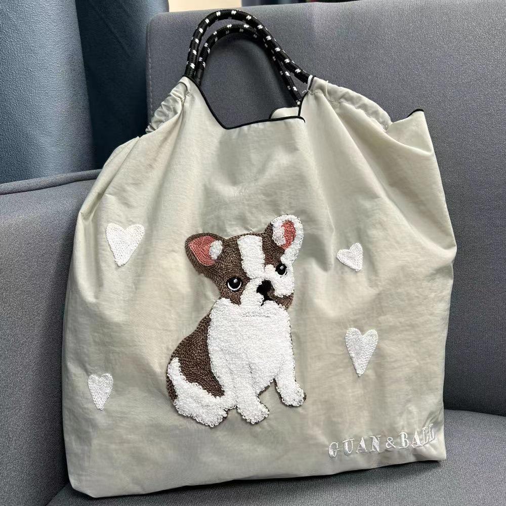 2024 Japanese-Style Cute Dog Embroidered Nylon Eco-Friendly Shoulder Shopping Bag