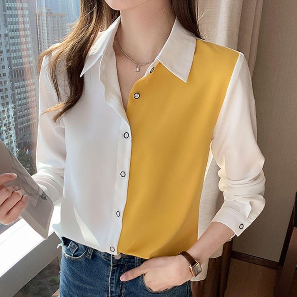 Women's Color Block Long Sleeve Chiffon Blouse - Korean Style, Spring/Autumn Versatile Loose Top