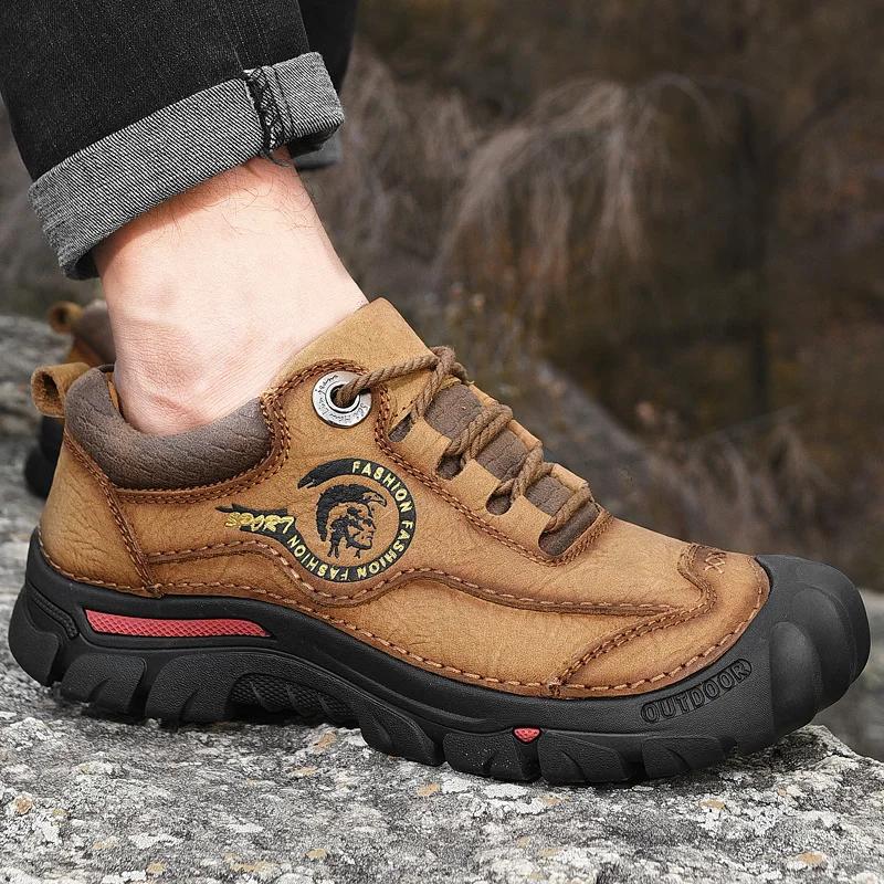 Fashion Brown Size 47 Men Leather Hiking Shoes Trekking Waterproof Sneakers Flats Comfortable Outdoor Walking Mountain Sports Shoes