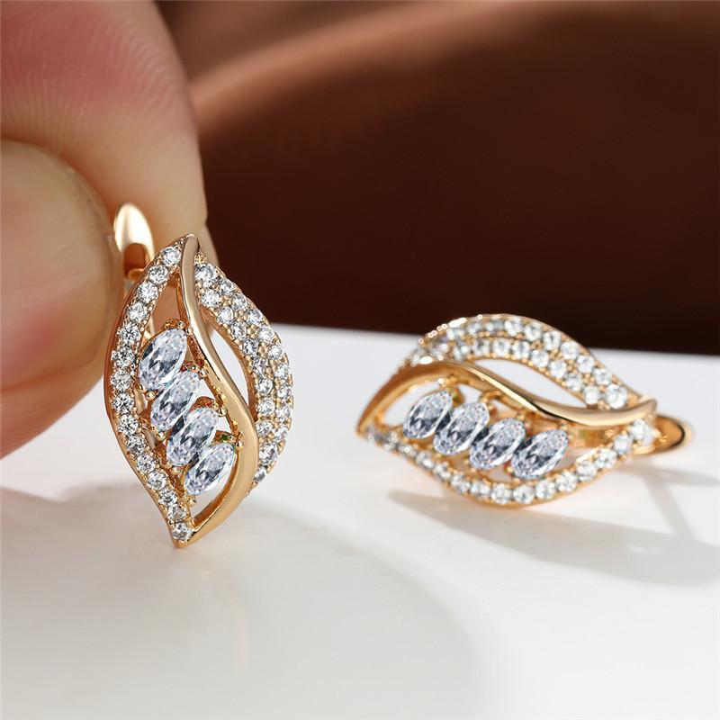 Cute Female Gold Color Wedding Hoop Earrings Pink Zircon Crystal Small Stone Leaf Wedding Jewelry For Women