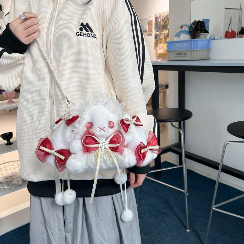 Lolita niedliche Schleife Hasentasche große Ohren haariger Kordelzugbeutel süße Schwester Perlenkette Umhängetasche