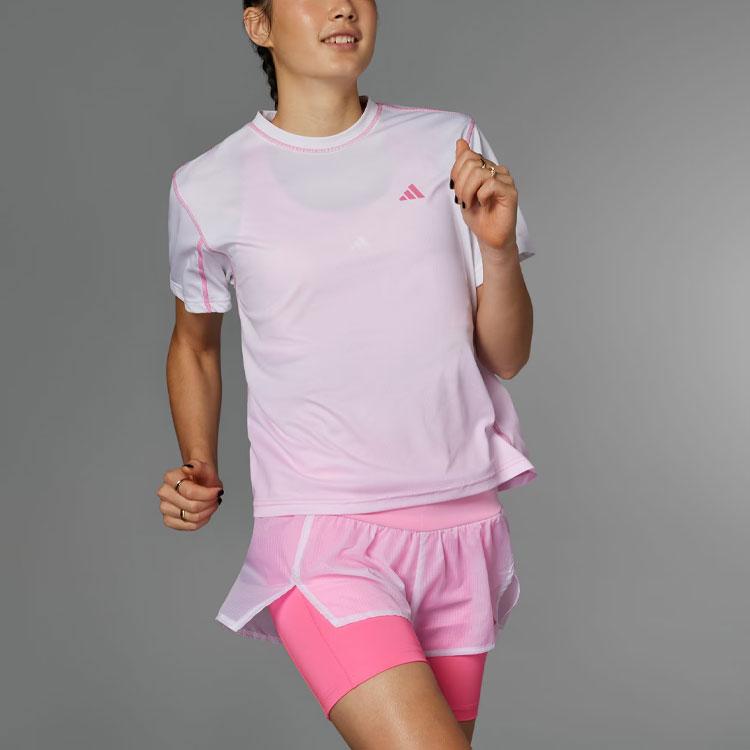 Adidas Verlaufstich Dekoratives Lauf-T-Shirt mit kurzen Ärmeln und überschnittenen Schultern Damen Tops Klares Rosa IP3560