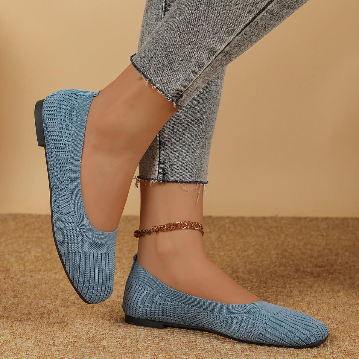 

Осень новая большая размер плоская подошва мелкий вырез набор на ногу вязаные туфли-одинарки туфли Doudou 43 павлин голубой