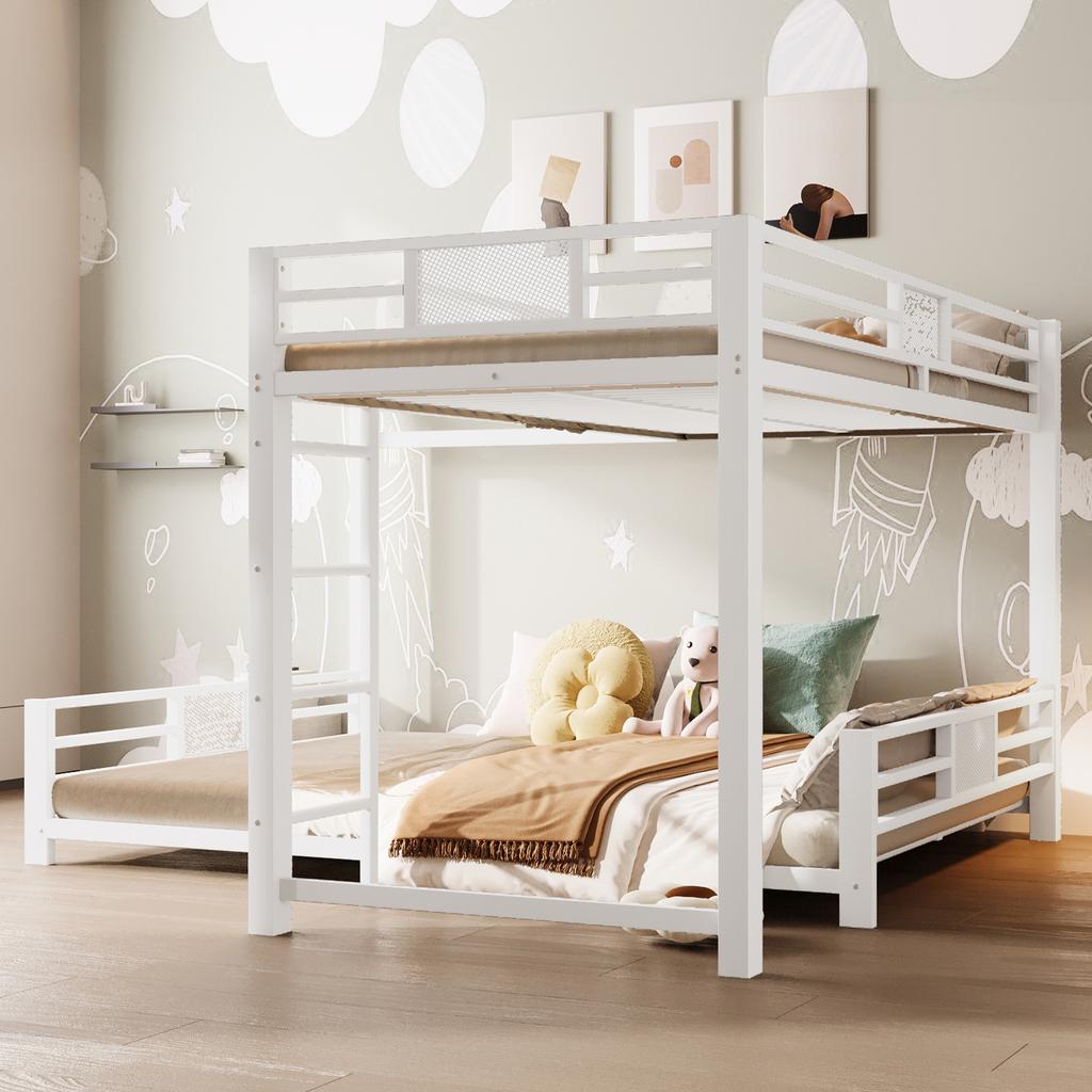 Letto a castello in metallo a L 90x200 sopra 140x200, Bianco